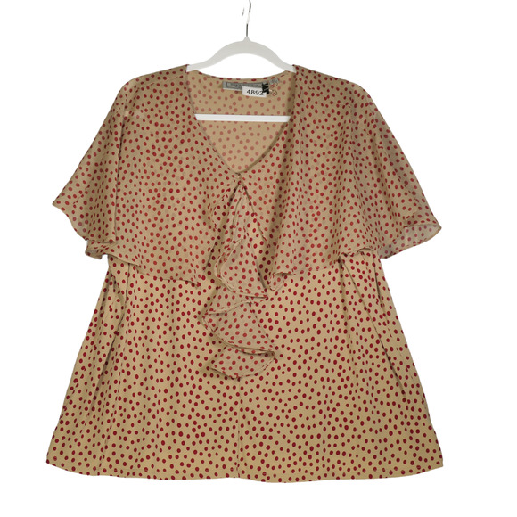 Simonton Says Blouse Womens Size 2X Light Brown Red Polka Dot Ruffle Boho - Picture 1 of 7